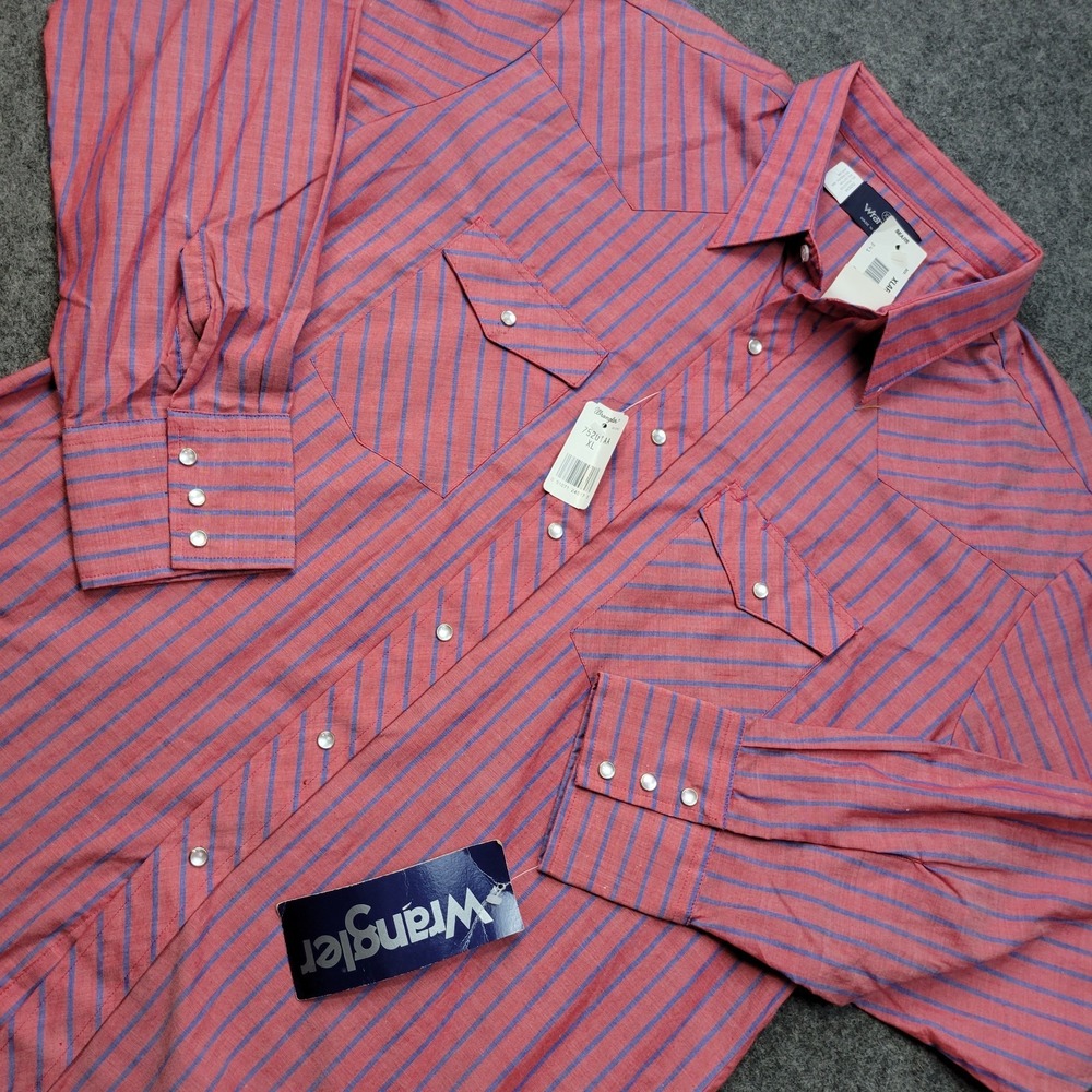 VTG Wrangler Shirt Mens XL Red Blue Striped Long Sleeve Western Pearl Snap Front